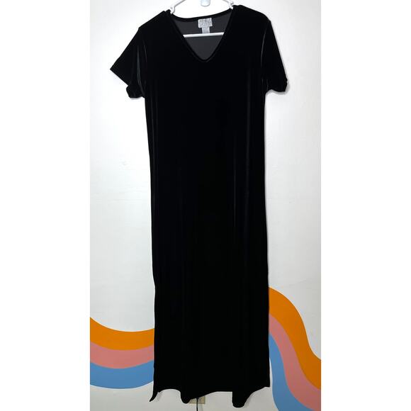 VTG Cassini Black Velvet Maxi Dress L VNeck Split Hem 90s Grunge Goth - Picture 1 of 7